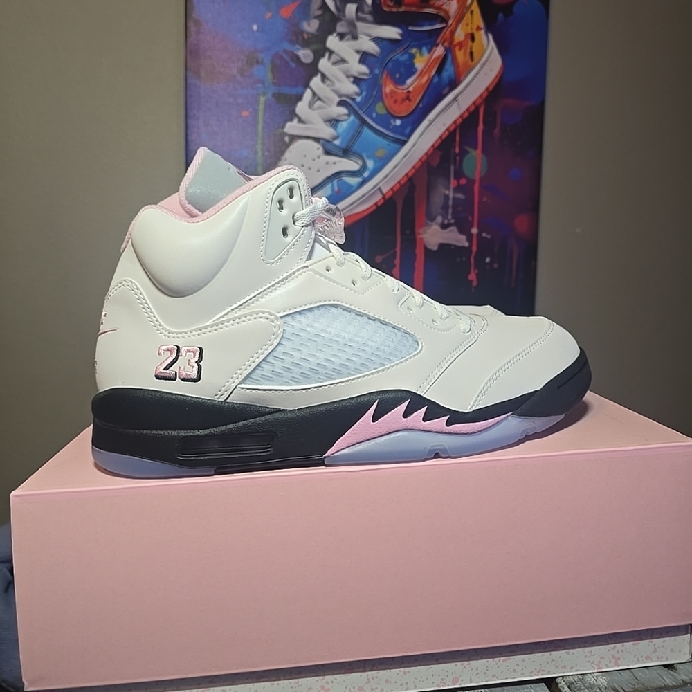 MENS AIR JORDAN 5 RETRO_WHITE/MED SOFT PINK-BLACKHQ7978-102-SIZE 12